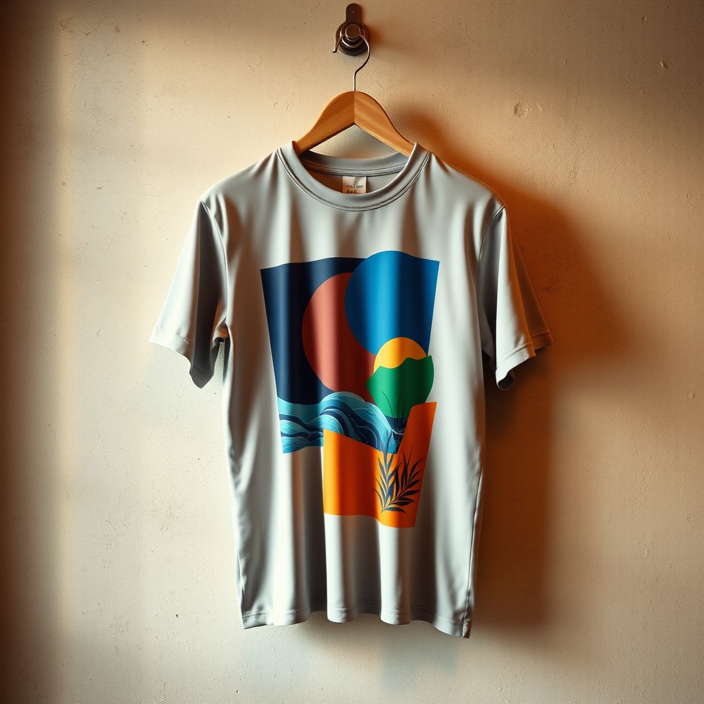 An artistic representation of a stylish t-shirt design featuring a vibrant graphic print