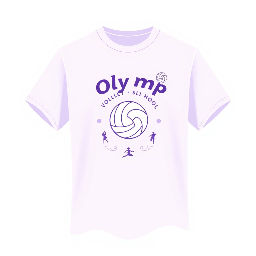 A soft and elegant t-shirt design for a volleyball school named 'Olymp', featuring the school's emblem and crest