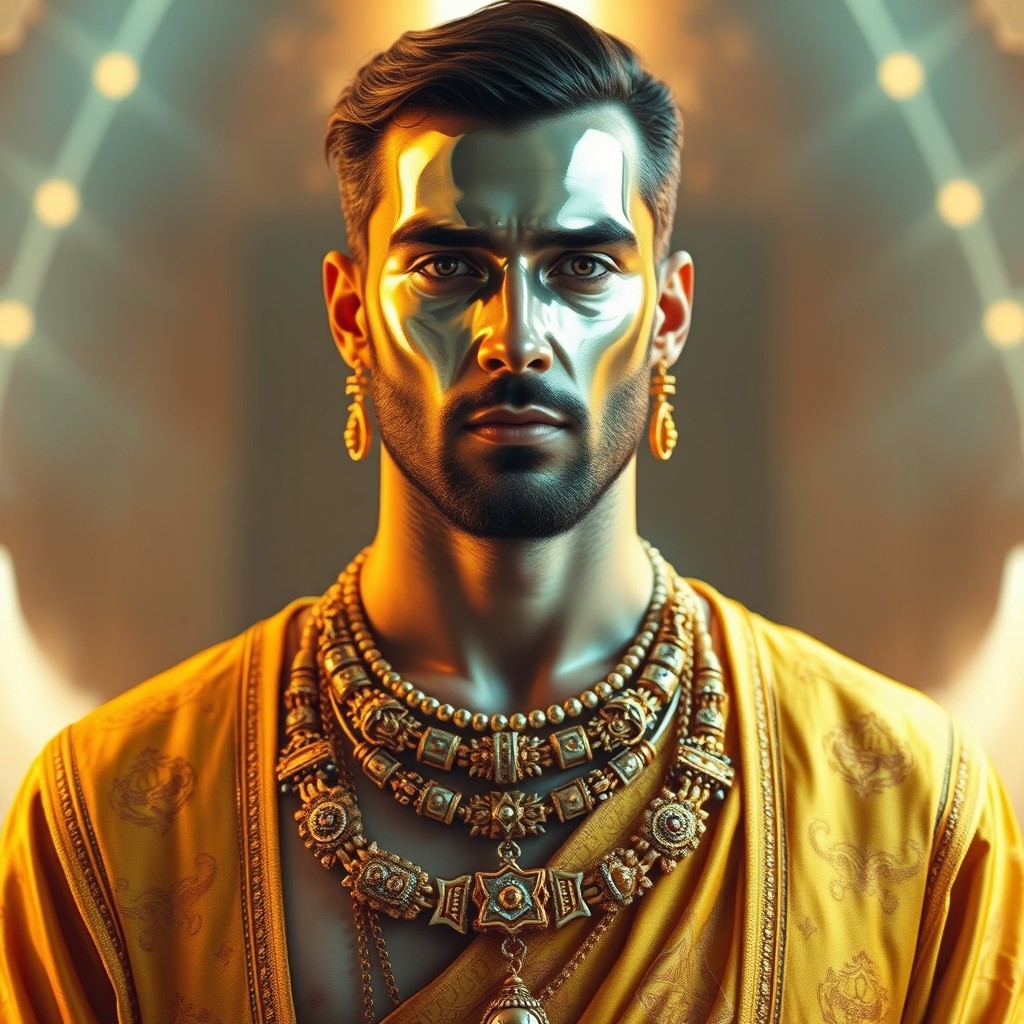 A male figure with a striking mirror-like face that reflects light in a mesmerizing way, giving him an ethereal quality