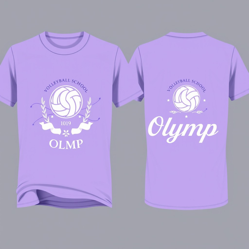 A stylish t-shirt design for a volleyball school named 'Olymp', featuring the school's emblem and crest in soft lavender and white colors