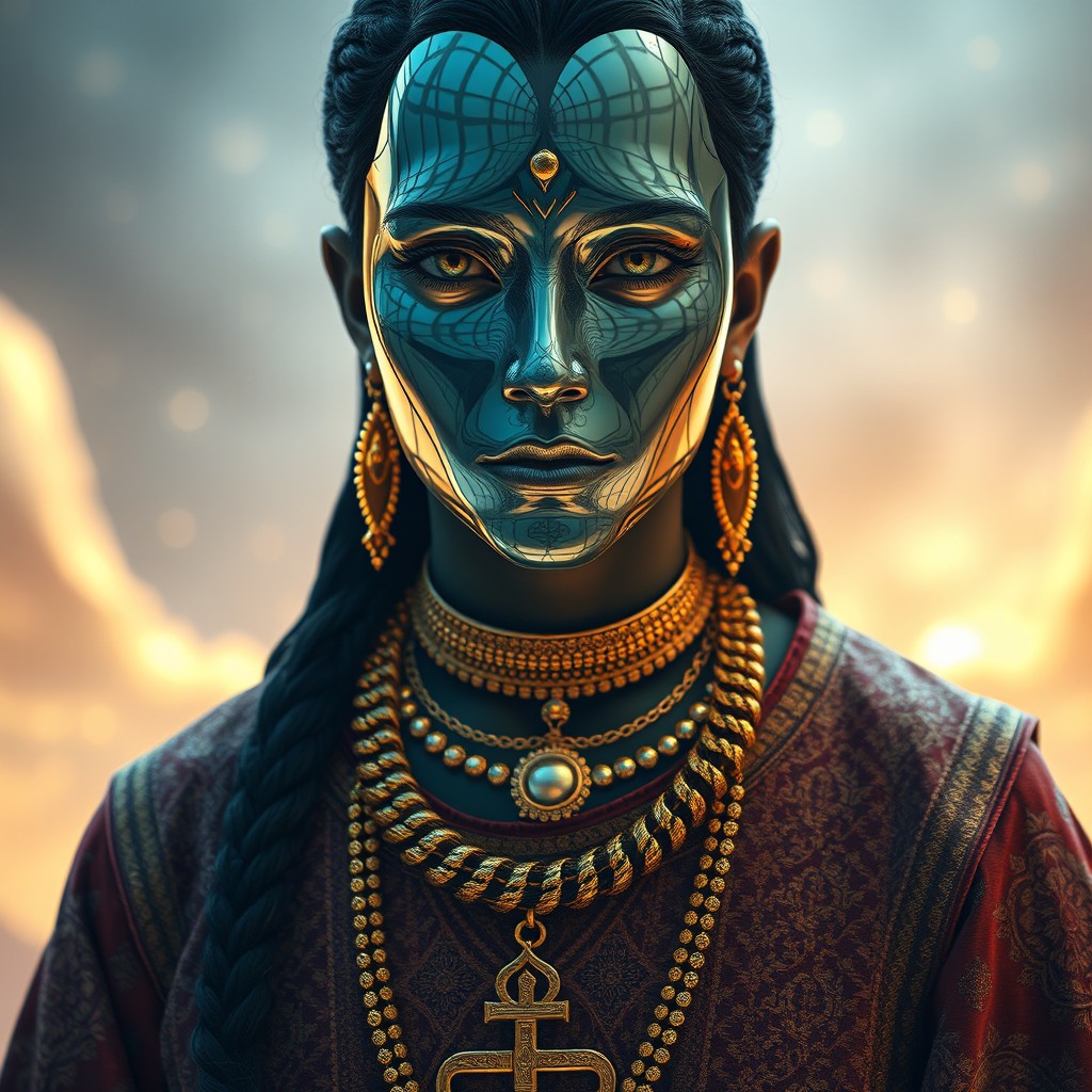 A captivating figure featuring a striking mirror-like face that reflects light in a mesmerizing pattern, creating an ethereal and surreal appearance