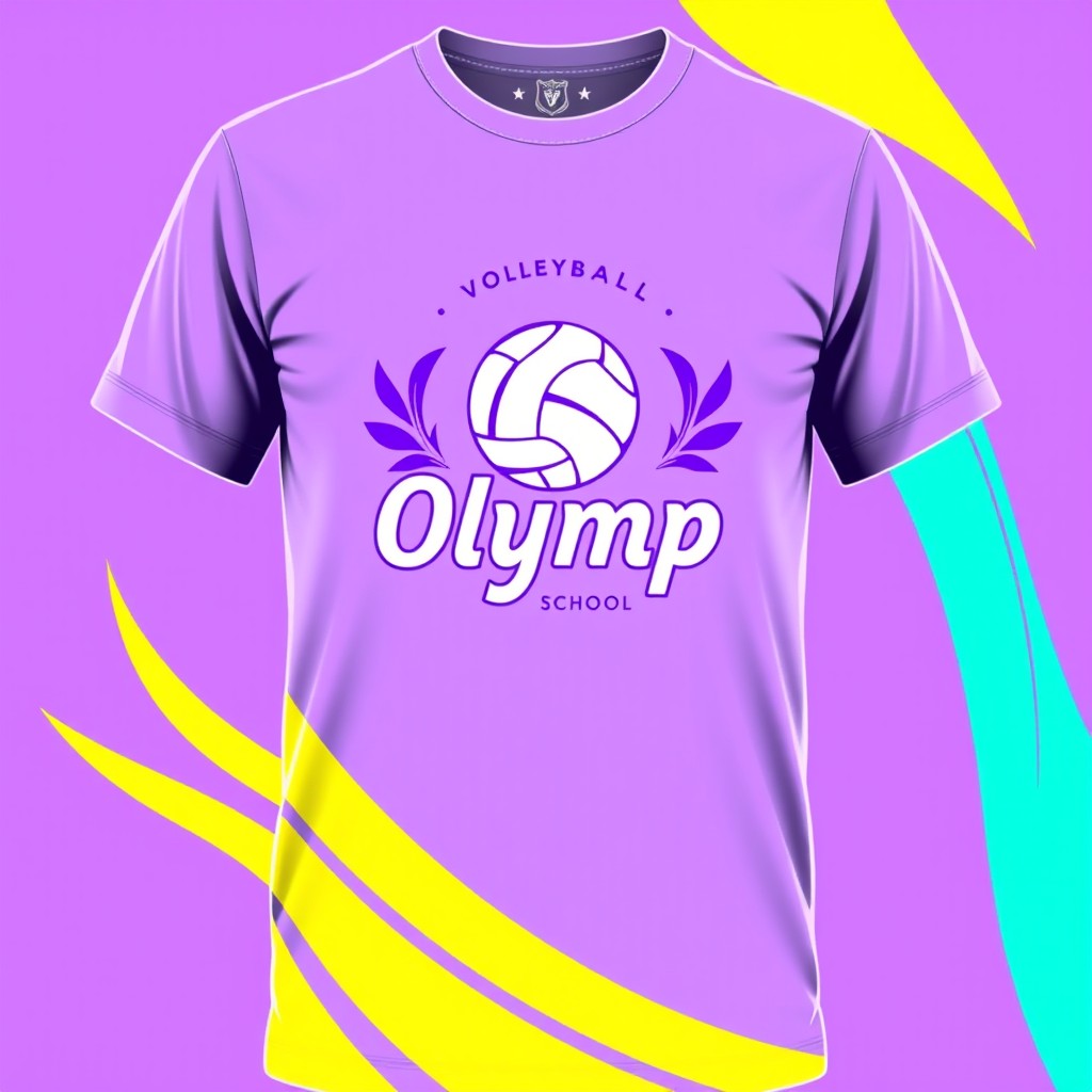 A vibrant t-shirt design for a volleyball school named 'Olymp', featuring the school's emblem and crest