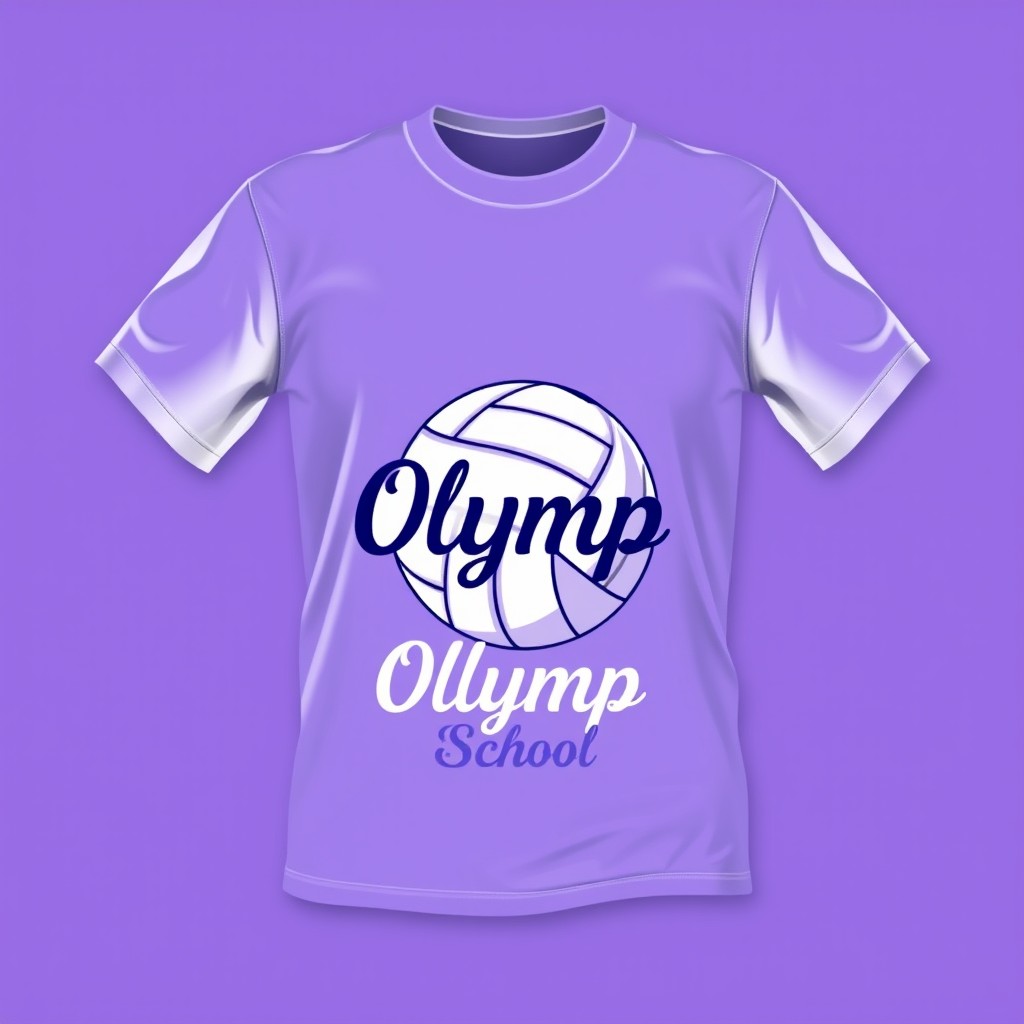A vibrant t-shirt design for a volleyball school named 'Olymp', showcasing the school's emblem and crest
