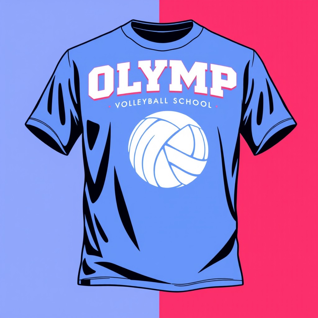 An eye-catching t-shirt design for a volleyball school named 'Olymp', featuring the school's emblem and crest prominently displayed