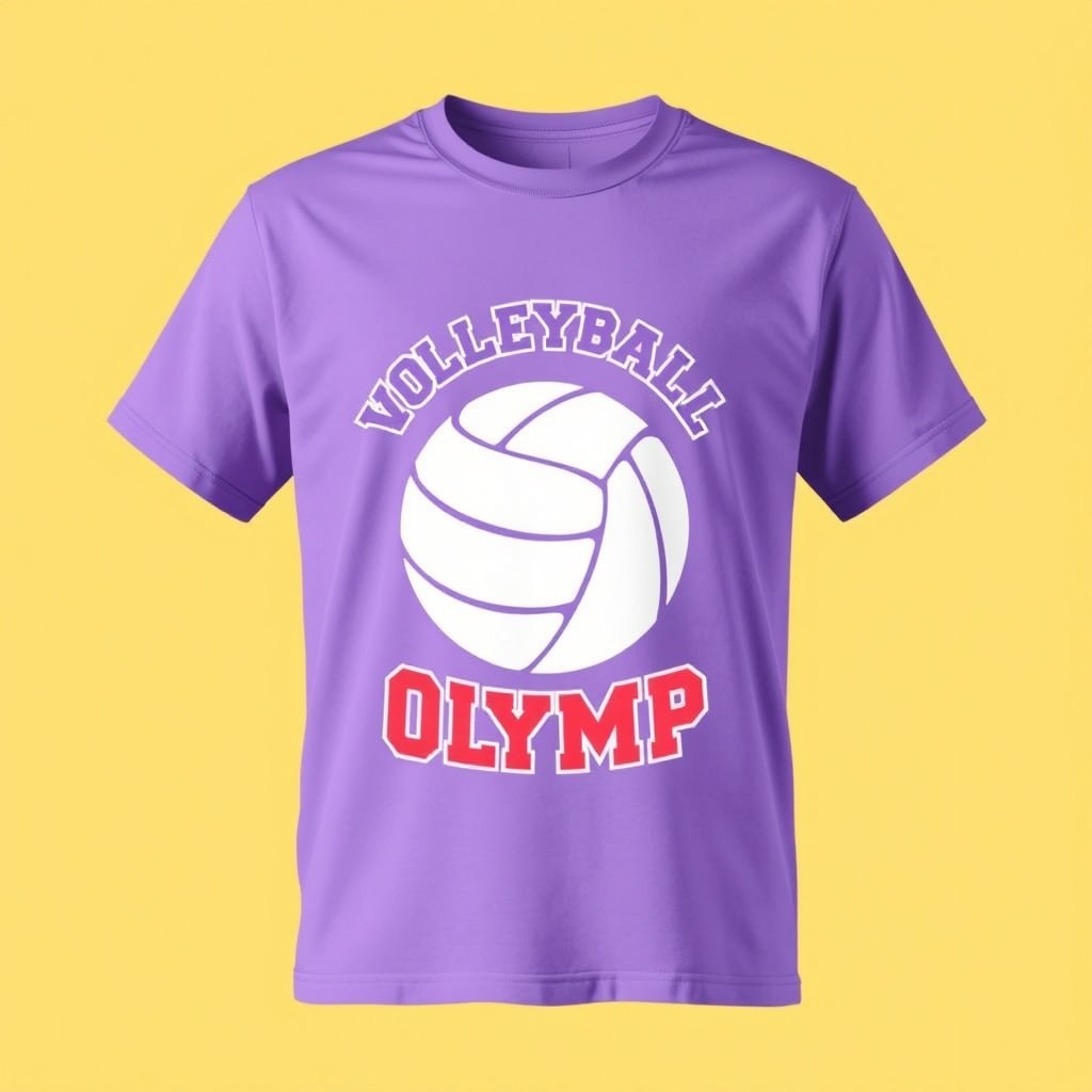 A bright and eye-catching t-shirt design for a volleyball school named 'Olymp', featuring both the school's emblem and crest
