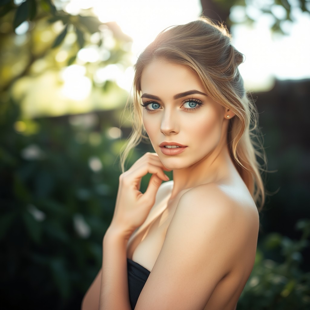 A beautiful scene featuring a fair-skinned woman with blue eyes, exuding confidence and elegance