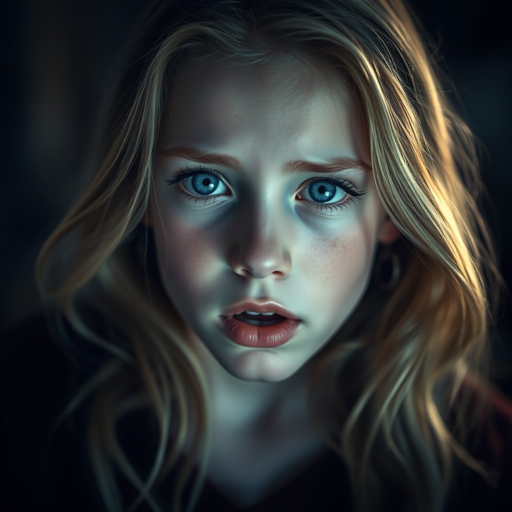 A beautiful white-skinned girl with blue eyes, expressing emotions passionately, with a soft focus on her facial features