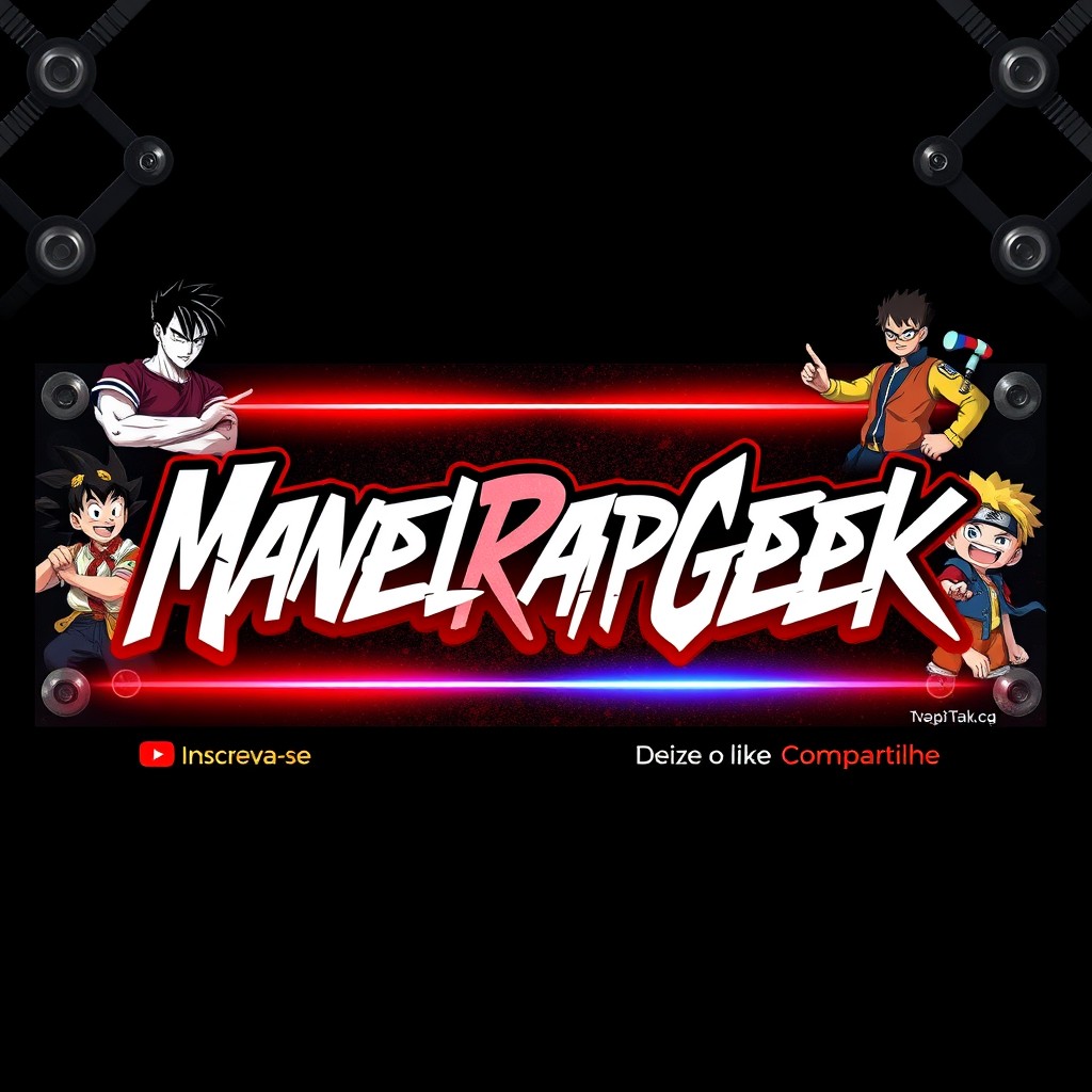 A vibrant and engaging YouTube channel banner design for 'ManelRapGeek', showcasing a blend of urban rap and geek culture