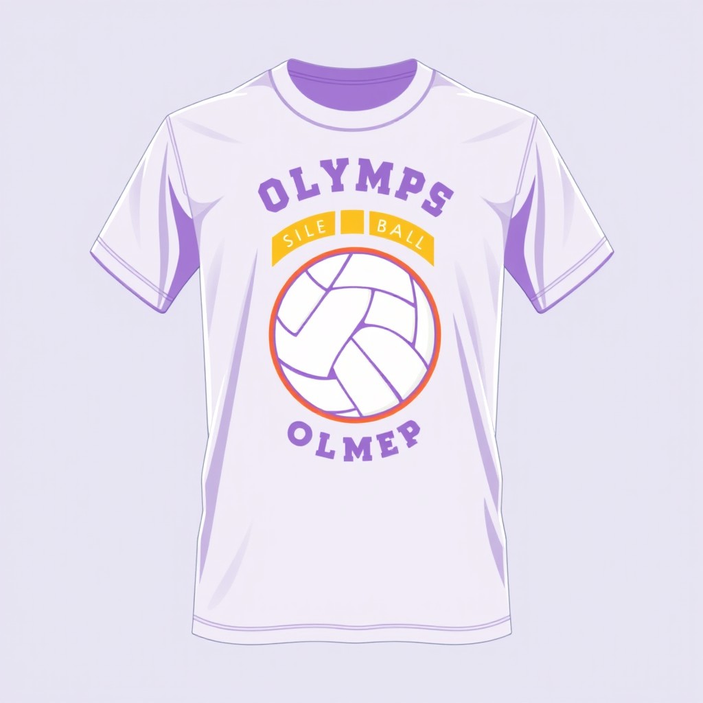 A realistic t-shirt design for a volleyball school named 'Olymp', featuring the school's emblem and crest prominently
