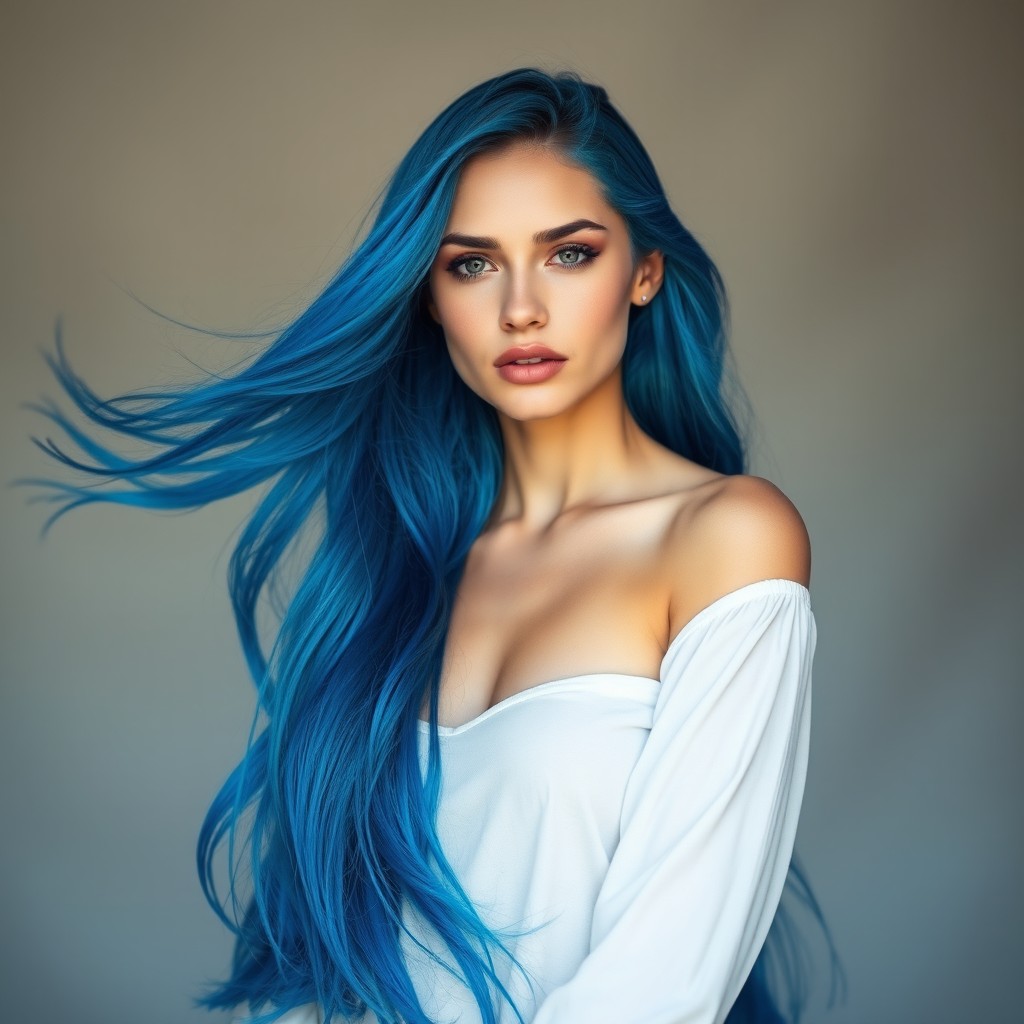 A tall, striking image of a fair-skinned woman with flowing, vibrant blue hair