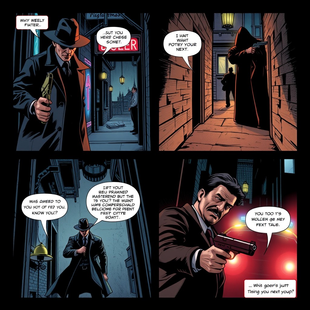 A thrilling four-panel comic story set in a gritty urban environment, showcasing a crime saga