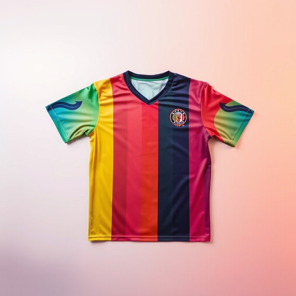 A jersey laid flat on a surface, showcasing a vibrant design with various colors and patterns