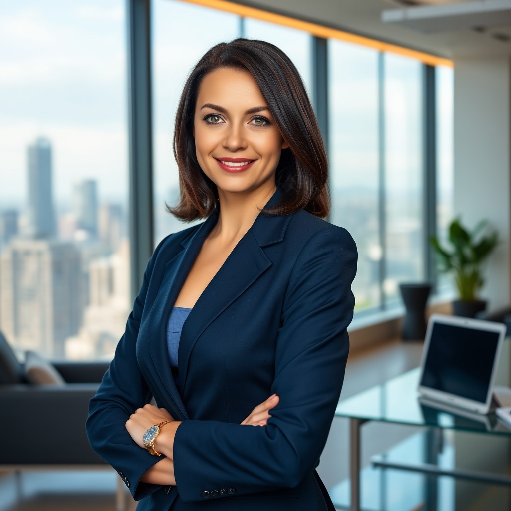 A professional corporate portrait featuring a confident businesswoman in a tailored navy blue suit, standing in an office environment with a modern aesthetic