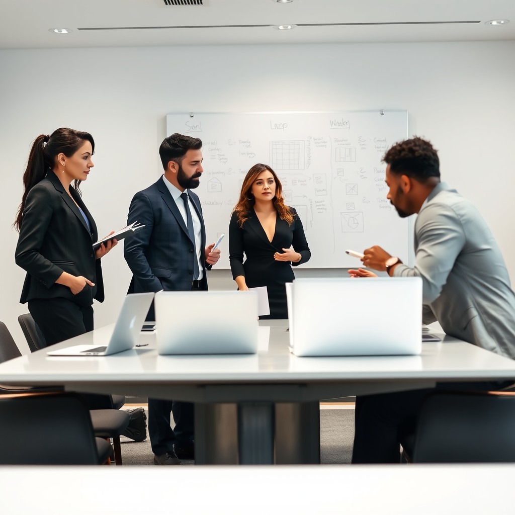An elegant corporate office environment featuring a diverse group of professionals engaged in a brainstorming session