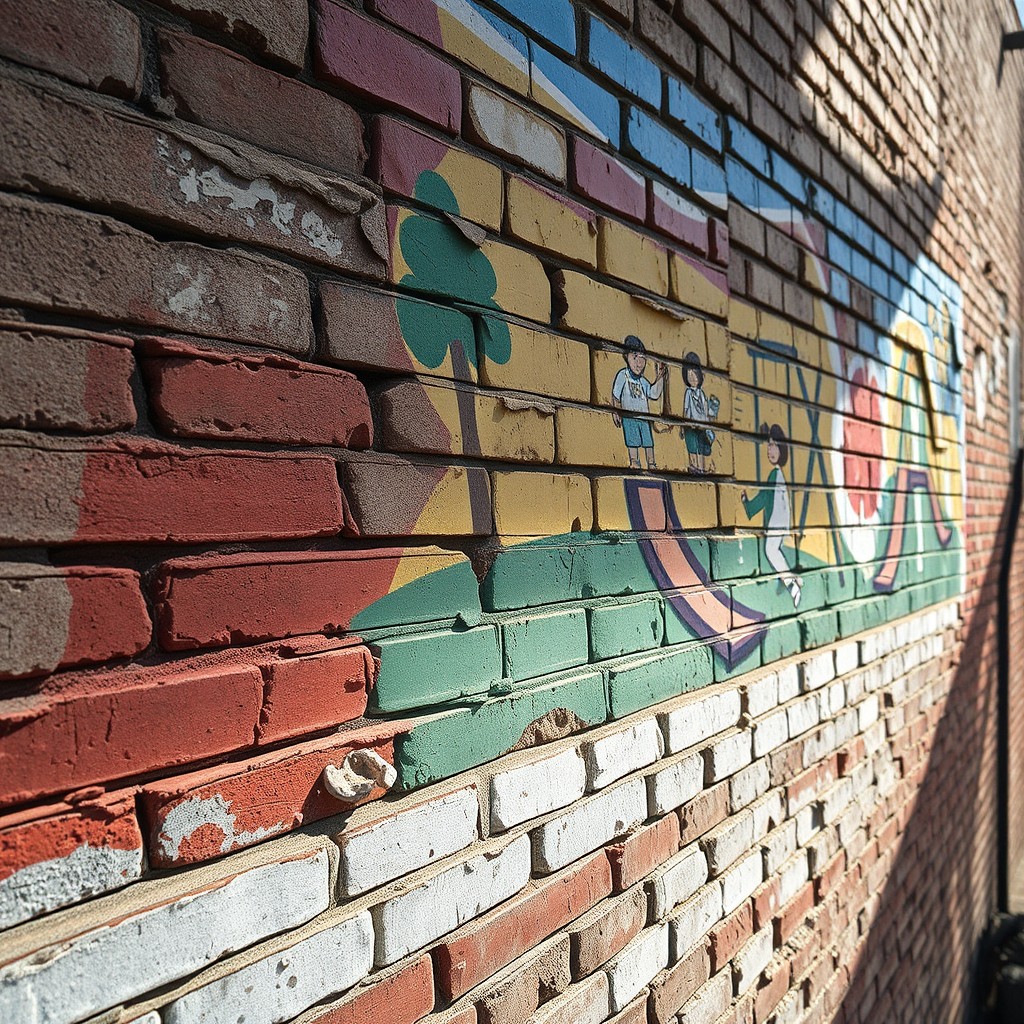 A close-up view of a weathered and faded playground mural painted on the side of an old brick building, showcasing vibrant but deteriorating colors