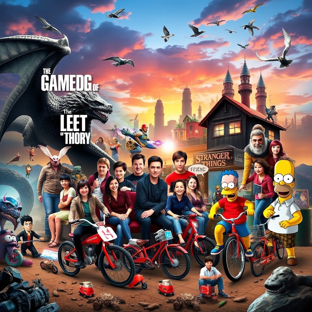 A captivating collage artwork featuring iconic elements and characters from several of the most famous series including 'Game of Thrones', 'The Last of Us', 'The Big Bang Theory', 'Friends', 'Stranger Things', and 'The Simpsons'