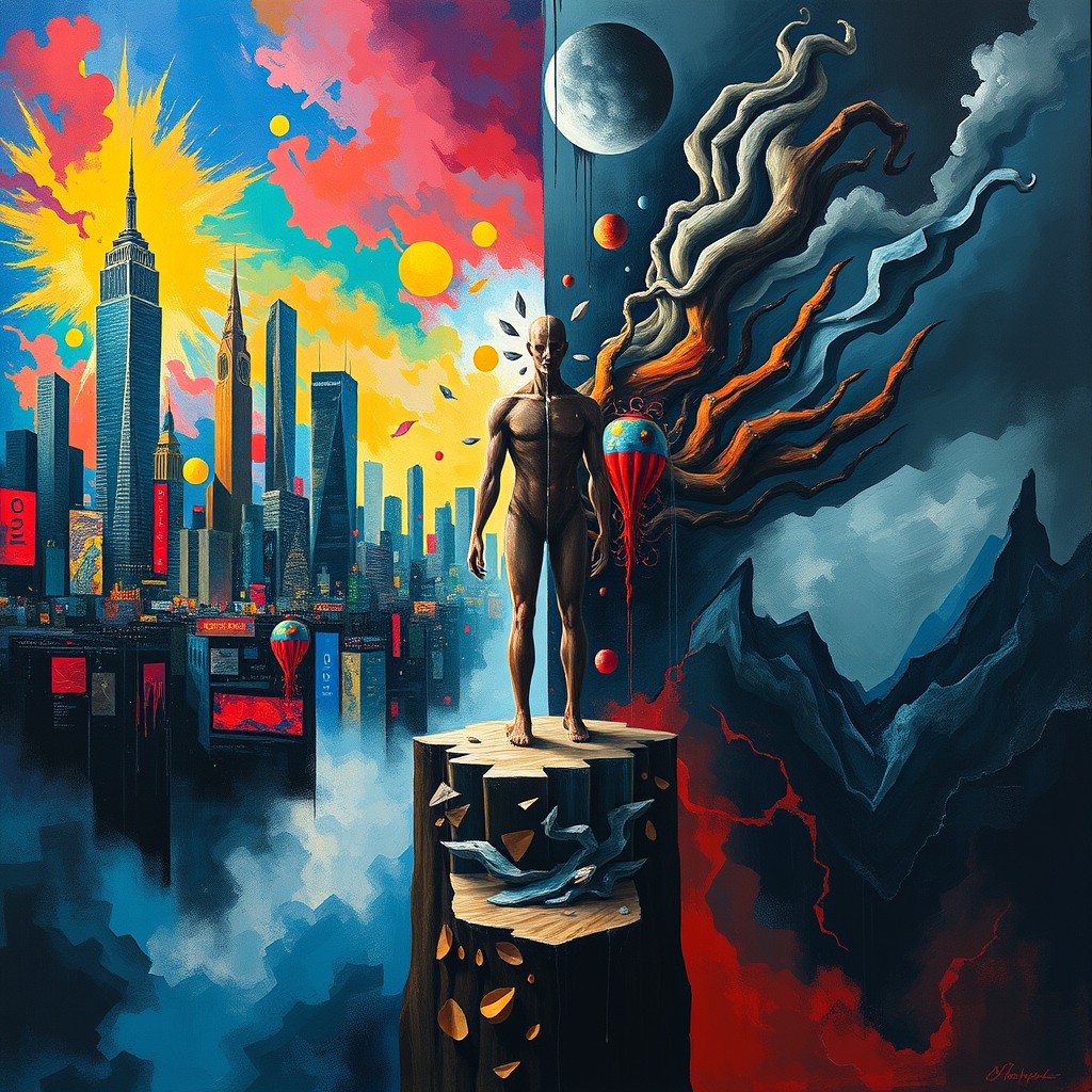 A visually striking representation of the theme "Between Hubris & Fear - Crisis of the Modern Self
