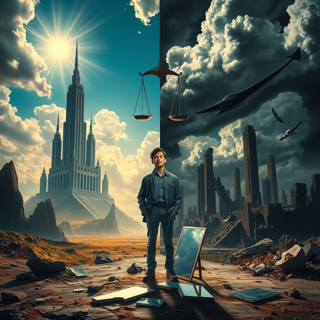 A surreal depiction of the theme 'Between Hybris and Fear - Crisis of the Modern Self'