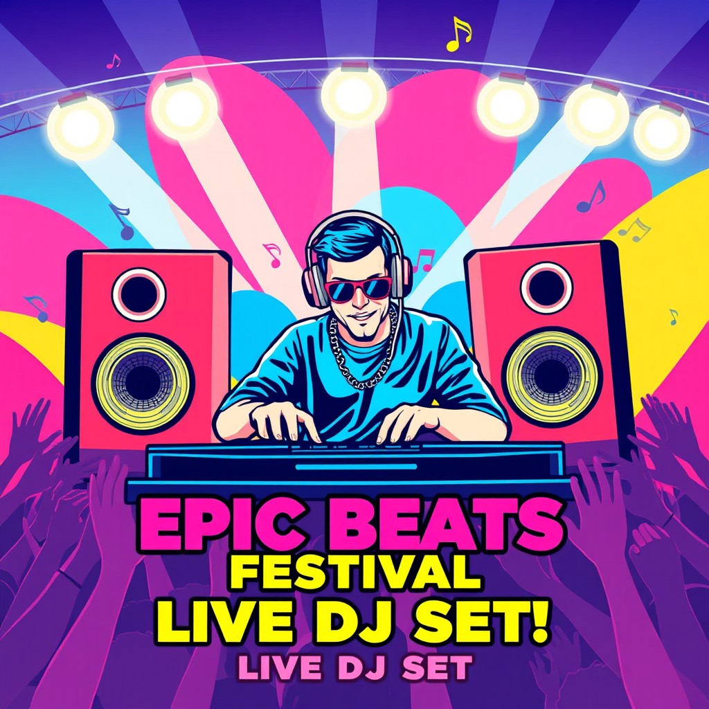 A vibrant and colorful DJ poster featuring a dynamic DJ performing at a lively outdoor festival
