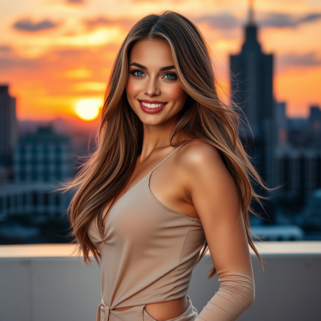 A stunning portrait of a confident and beautiful woman with long flowing hair, striking blue eyes, and a radiant smile