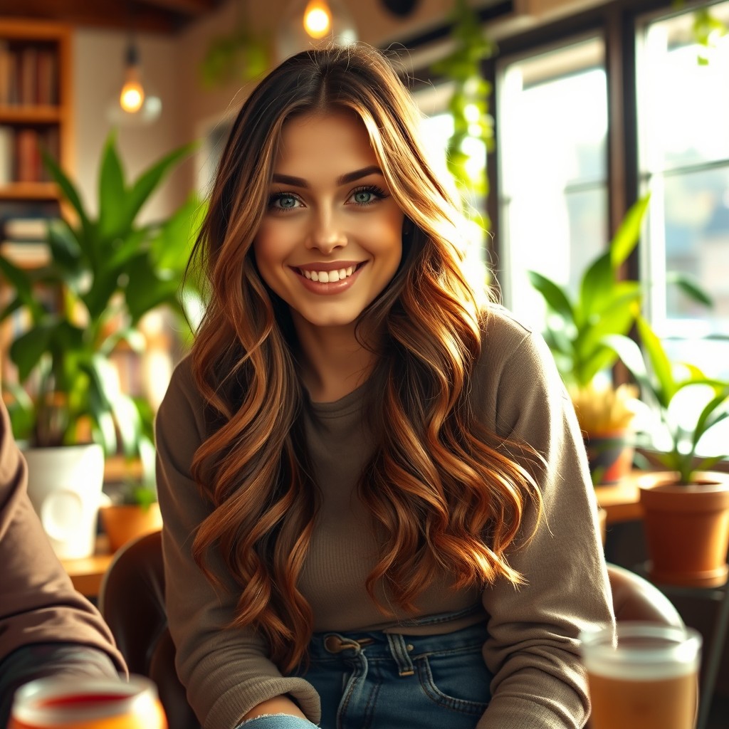 A beautiful young woman with long, wavy brunette hair and sparkling green eyes, wearing a casual yet stylish outfit, sitting in a cozy cafe filled with soft natural light