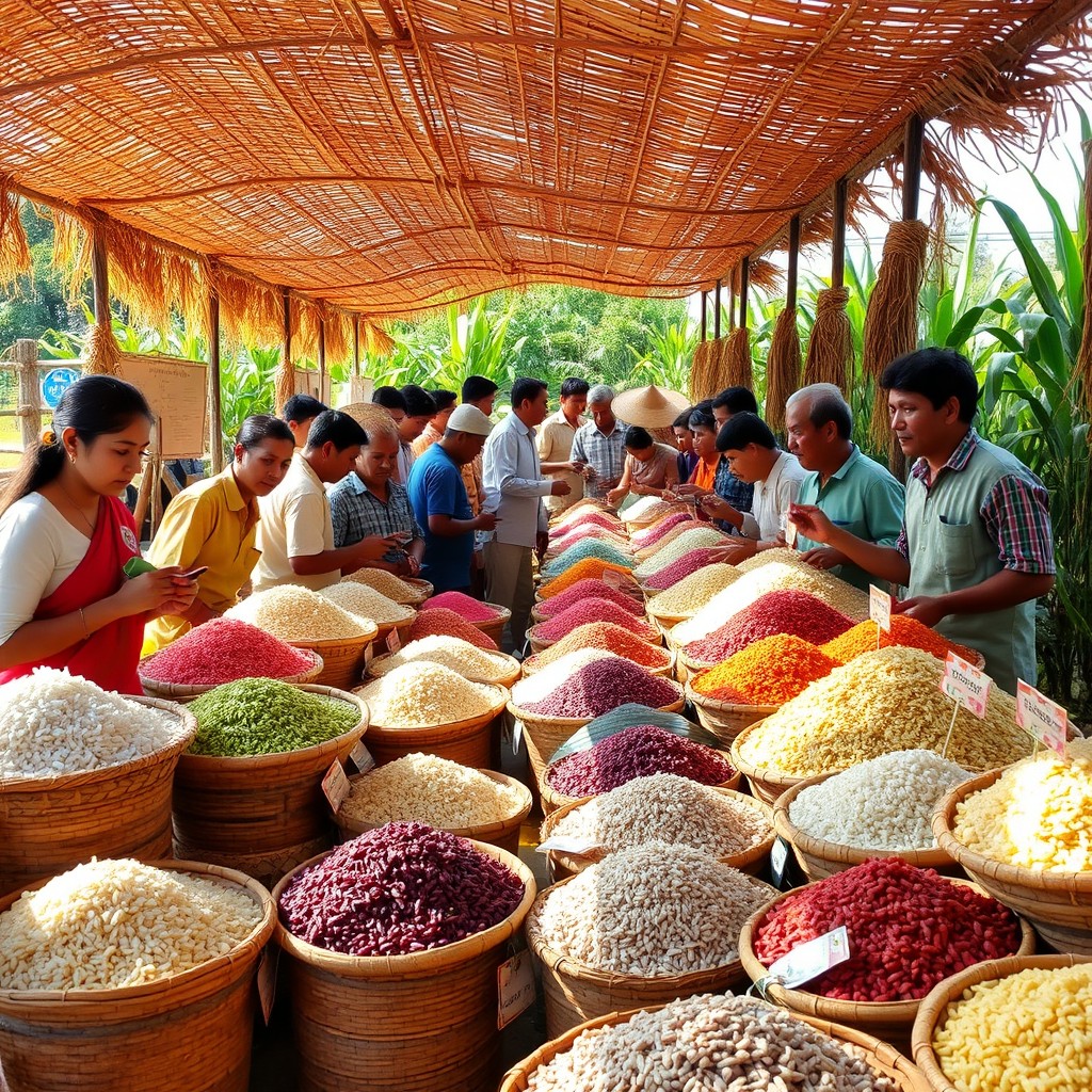 A vibrant and bustling rice market, filled with an array of colorful rice varieties displayed in woven baskets