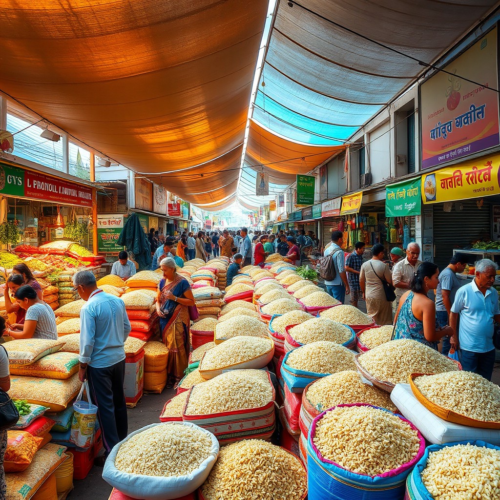 A vibrant and bustling rice market scene filled with colorful sacks of rice, vendors engaging with customers, sunlight filtering through large canopies, and an assortment of rice varieties including jasmine, basmati, and sticky rice