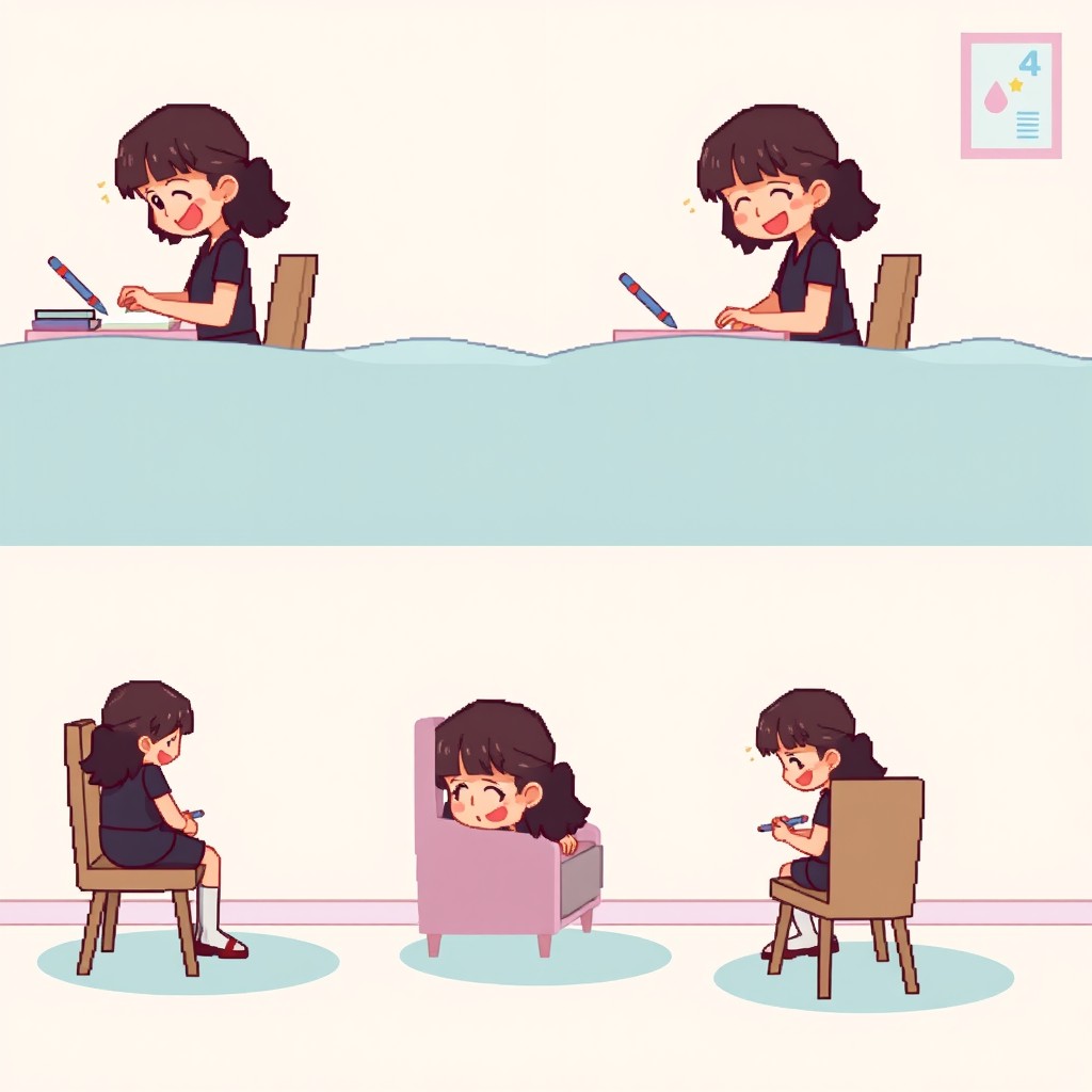 A pixel art animation sequence of 10 frames depicting a cozy bedroom scene in pastel colors
