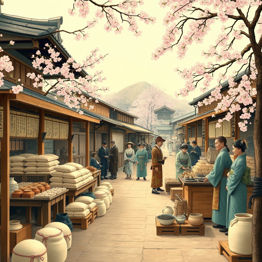 A historical depiction of a rice market in Japan during the Edo period, specifically in the year 1790