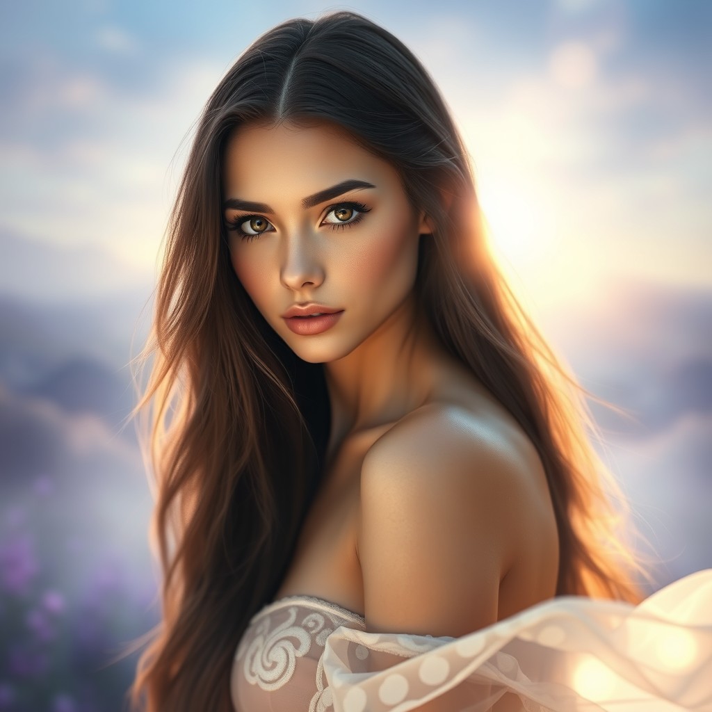 A stunning young woman with long, dark hair cascading down her shoulders