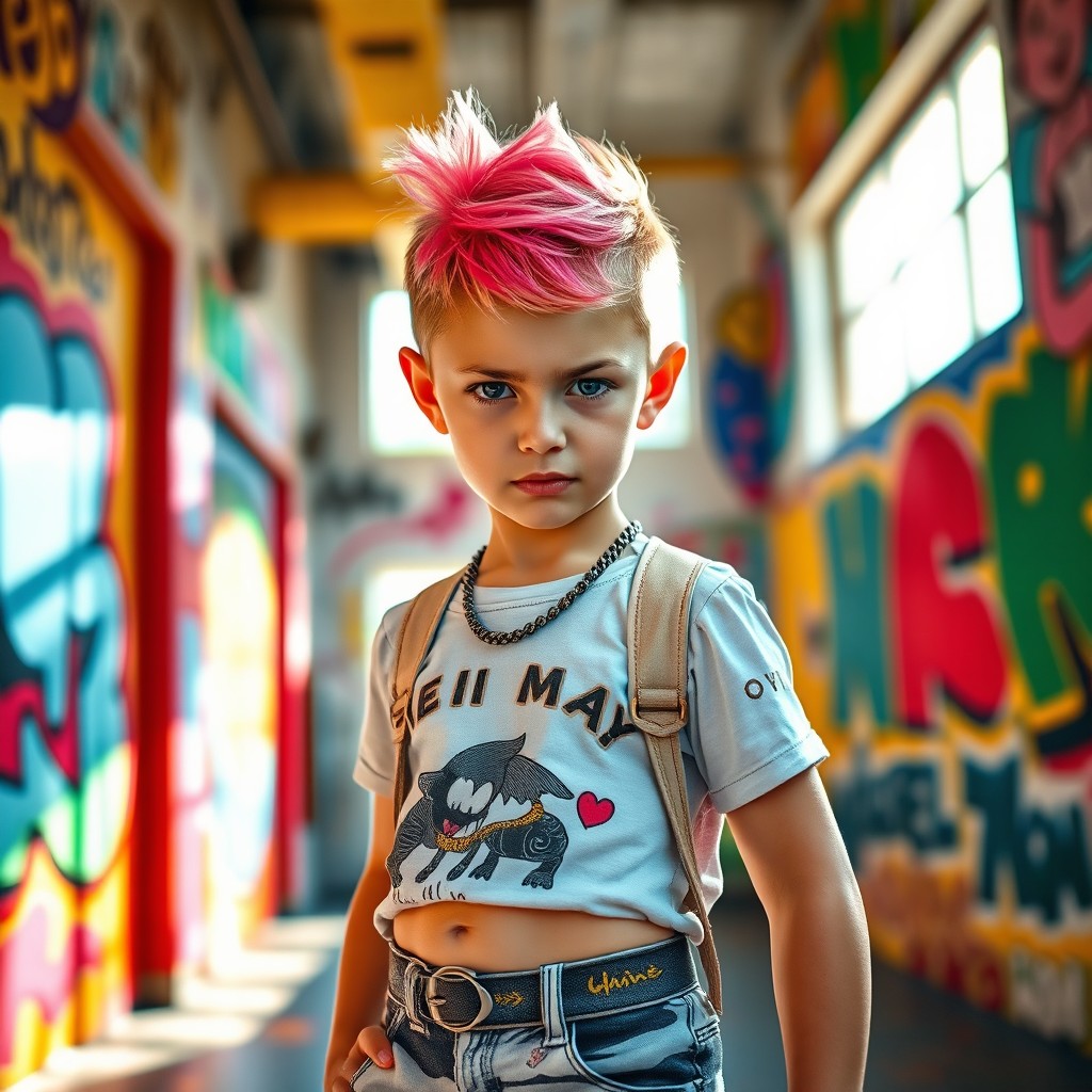 A bold and confident young girl standing with an assertive pose, wearing a stylish outfit that reflects her vibrant personality