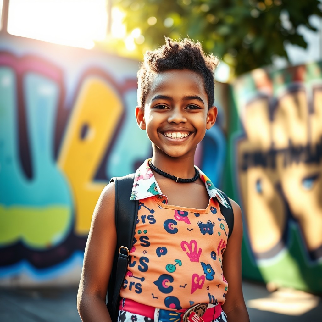 A confident and bold young girl standing in an urban environment, wearing a stylish and vibrant outfit that reflects her individuality
