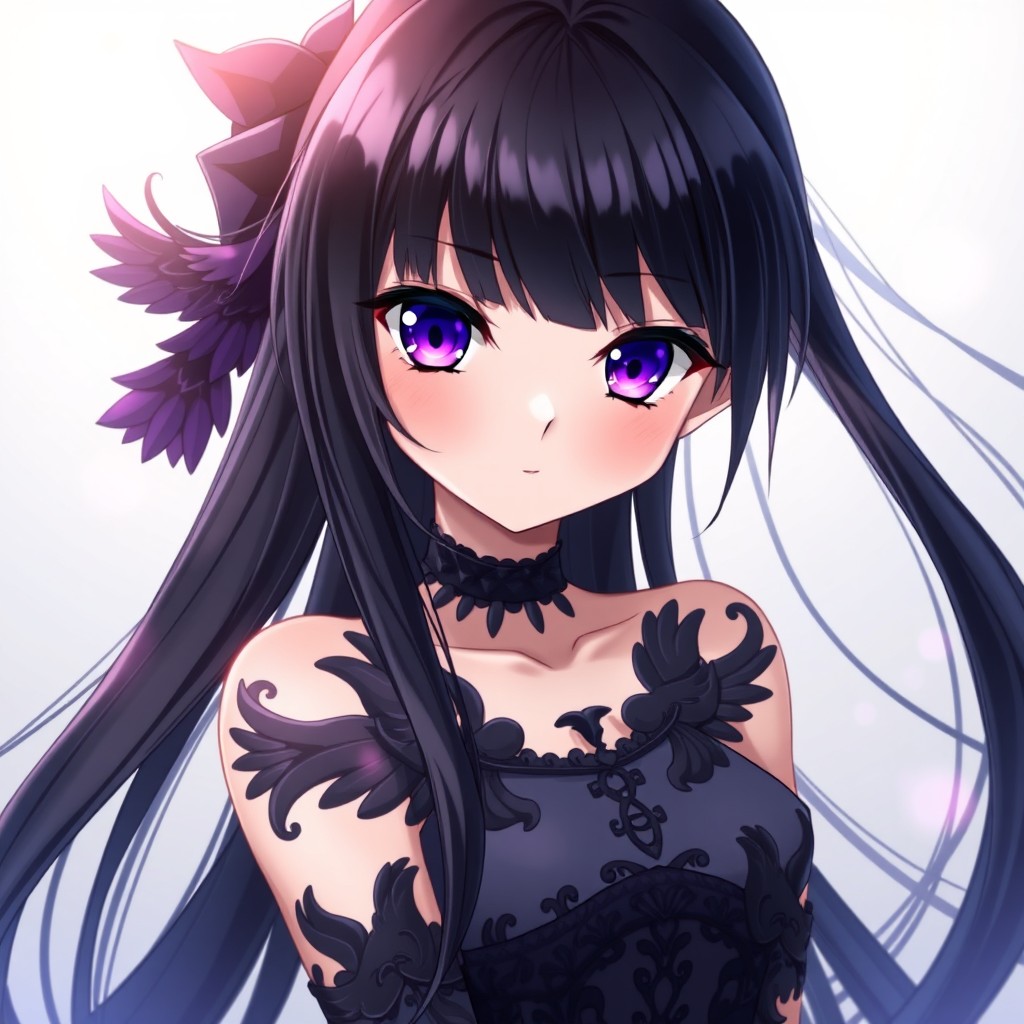 Anime girl with long sleek black hair flowing elegantly, strikingly purple eyes that sparkle with allure, enchanting and beautiful demeanor