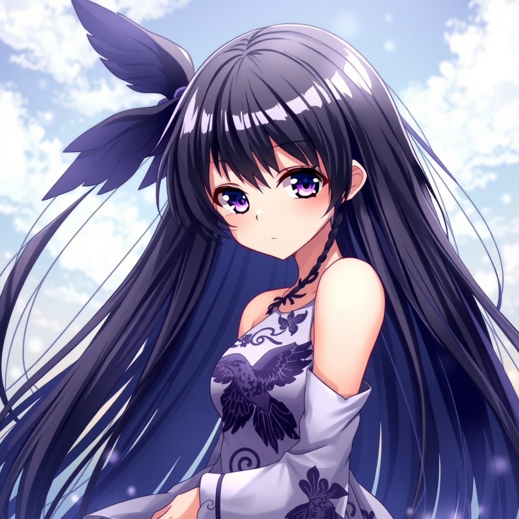 An enchanting anime girl with long flowing black hair cascading down her back