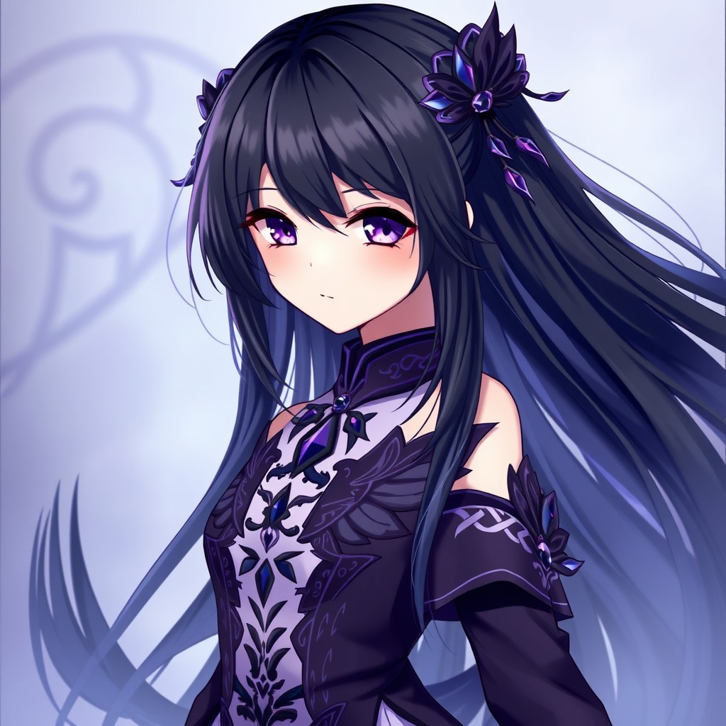 An enchanting anime girl with long flowing black hair and mesmerizing purple eyes