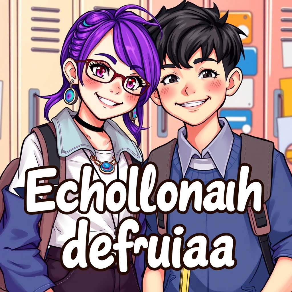 A girl with vibrant purple hair and a boy with striking black hair, both smiling and depicting a scene of youthful friendship, surrounded by a colorful school setting