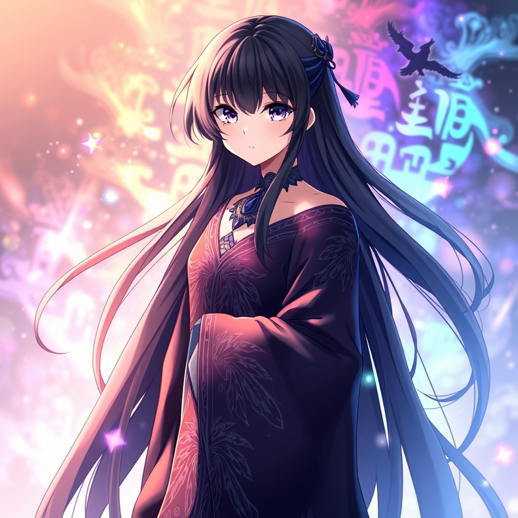 An enchanting anime girl with long, flowing black hair that elegantly trails behind her