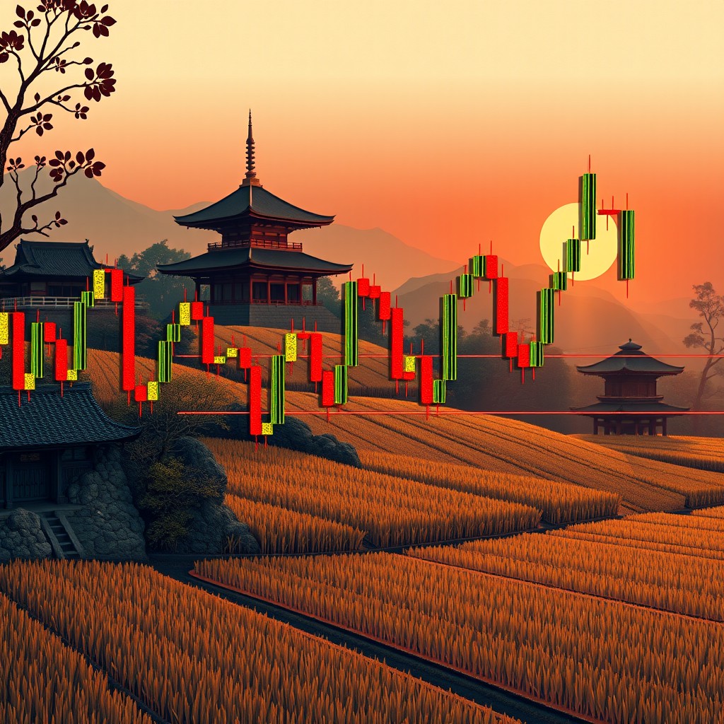 An artistic representation of candlestick charts inspired by Munehisa Honma, the legendary Japanese rice trader