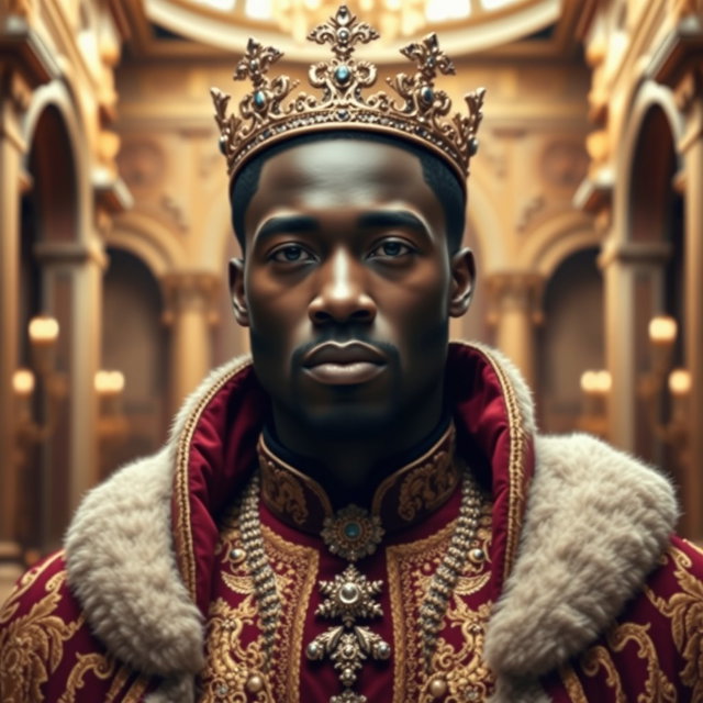 A regal portrait of a handsome African American prince, adorned in an intricate royal outfit featuring gold embroidery and a lavish cape