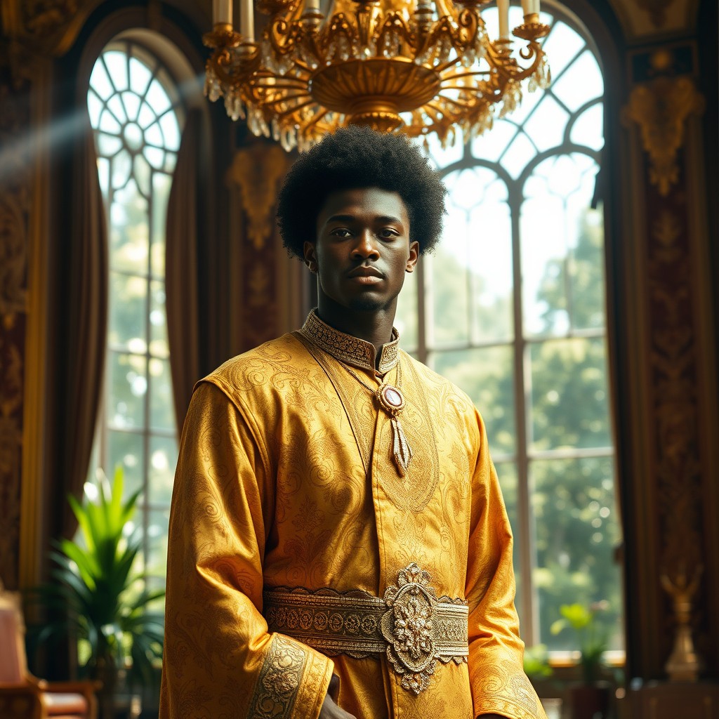A majestic African-American prince standing confidently in an opulent royal palace