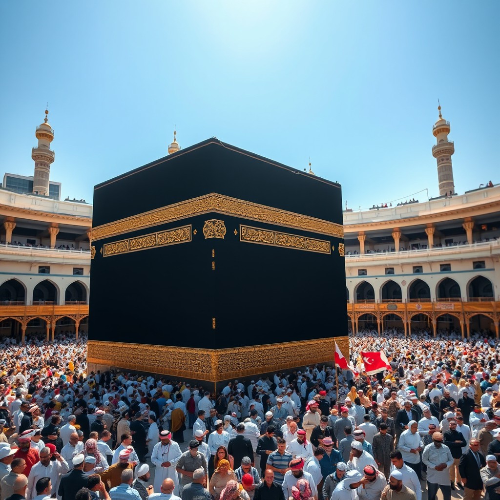A stunning, detailed view of the Kaaba, surrounded by pilgrims during Hajj, capturing the intricate textures of the black silk covering known as the Kiswah, with golden embroidery visible