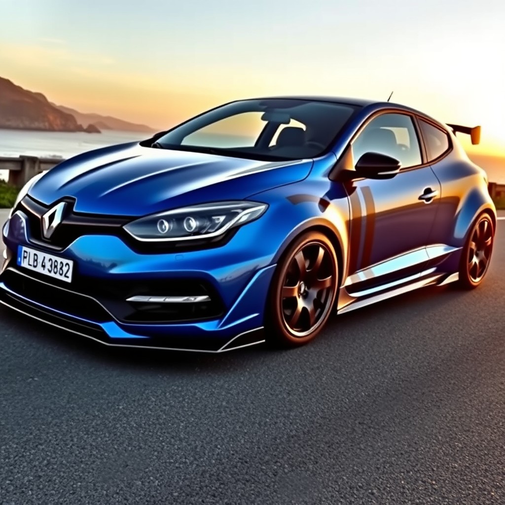 A modified Renault Megane 3, featuring a sleek aerodynamic body kit, aggressive front bumper with wide air intakes, sporty side skirts, and a rear diffuser for a dynamic appearance