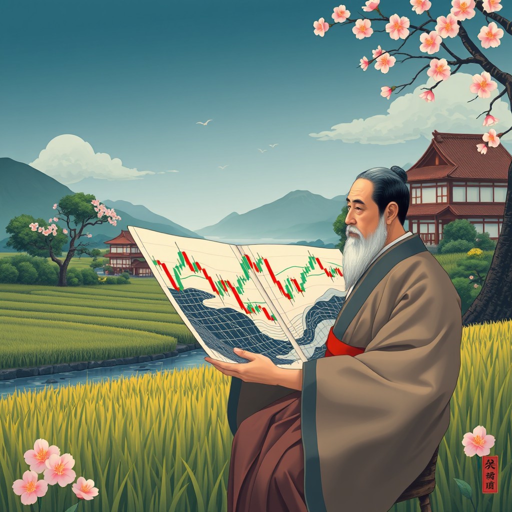 A historical illustration representing the invention of candlestick charts by Munehisa Honma