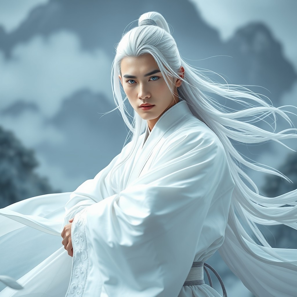 A young Chinese man depicted in a wuxia historical drama style, dressed entirely in white
