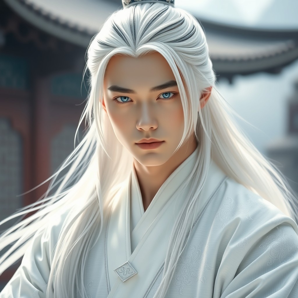 A young Chinese man in a historical wuxia drama style, dressed entirely in white