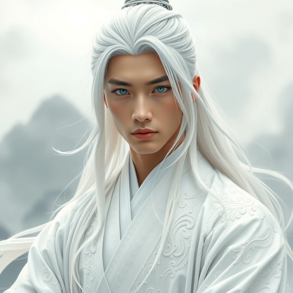 A young Chinese man styled as if from a wuxia historical and fantasy drama, completely dressed in white