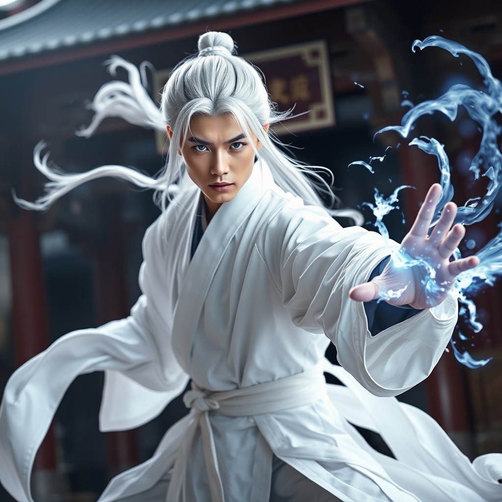 A young Chinese man styled as if from a wuxia historical and fantasy drama, completely dressed in white