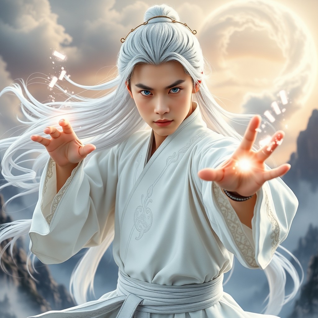 A young Chinese man inspired by wuxia historical and fantasy dramas, dressed entirely in white including flowing long white hair, white eyebrows, and extremely fair skin