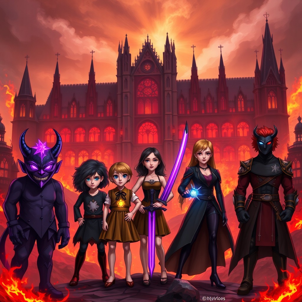 In a hellish landscape filled with fiery colors and ominous shadows, a massive university looms in the background, depicting gothic architecture with spires and dark stone