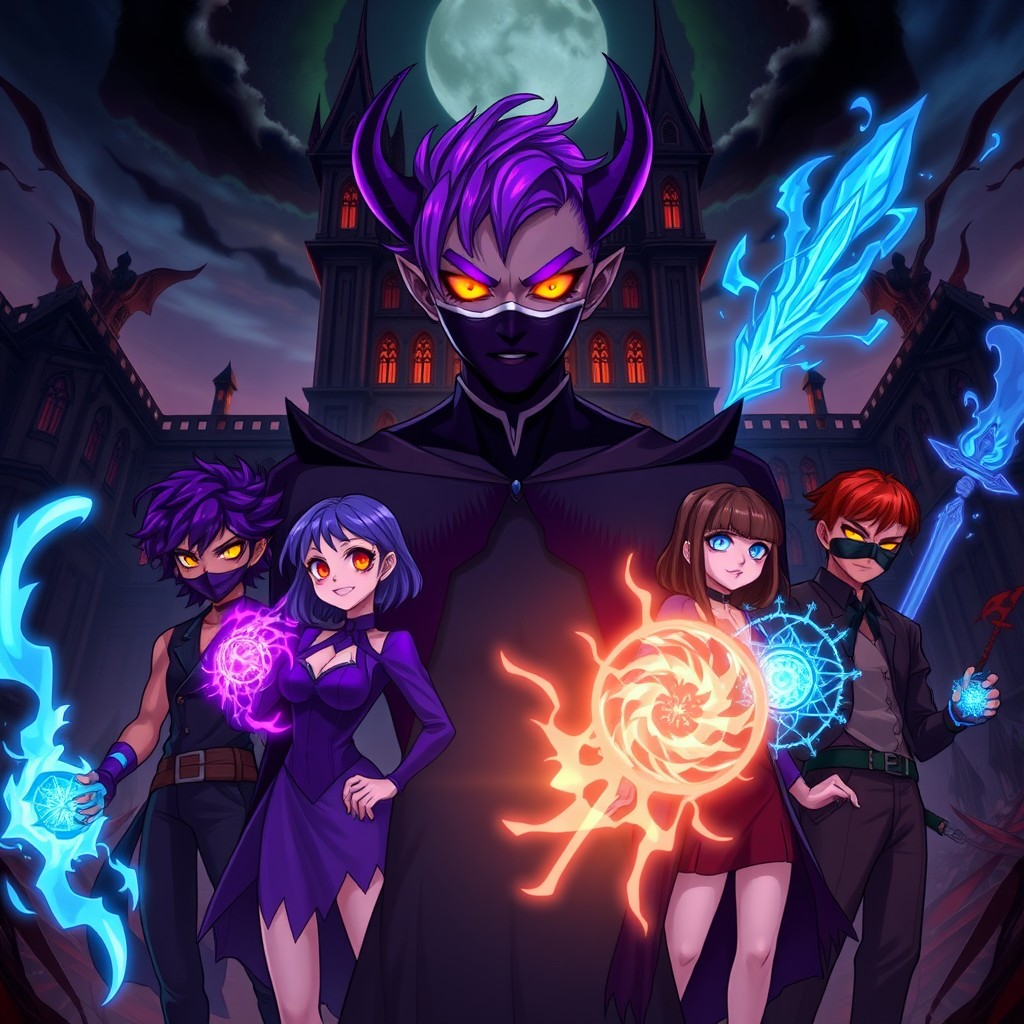 A fantasy-themed scene set against a hellish background featuring a vast, imposing university with ominous architecture